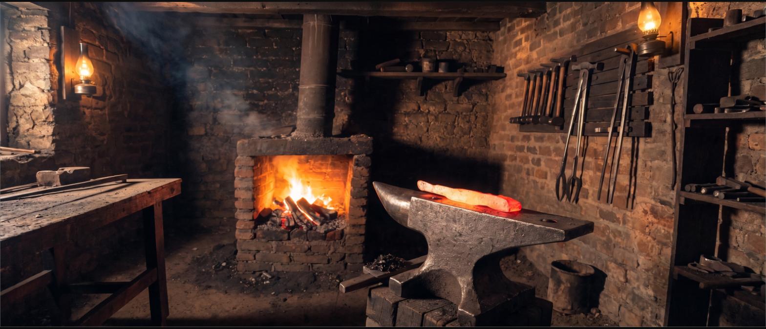 A blacksmith's forge with glowing steel on an anvil and hand tools racked on the wall
