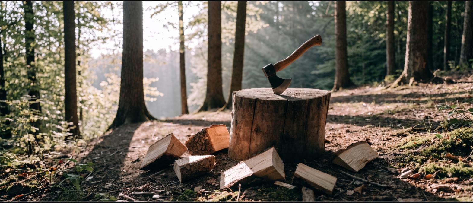 A hatchet with a wooden handle set into a chopping block with split firewood around it in a forest